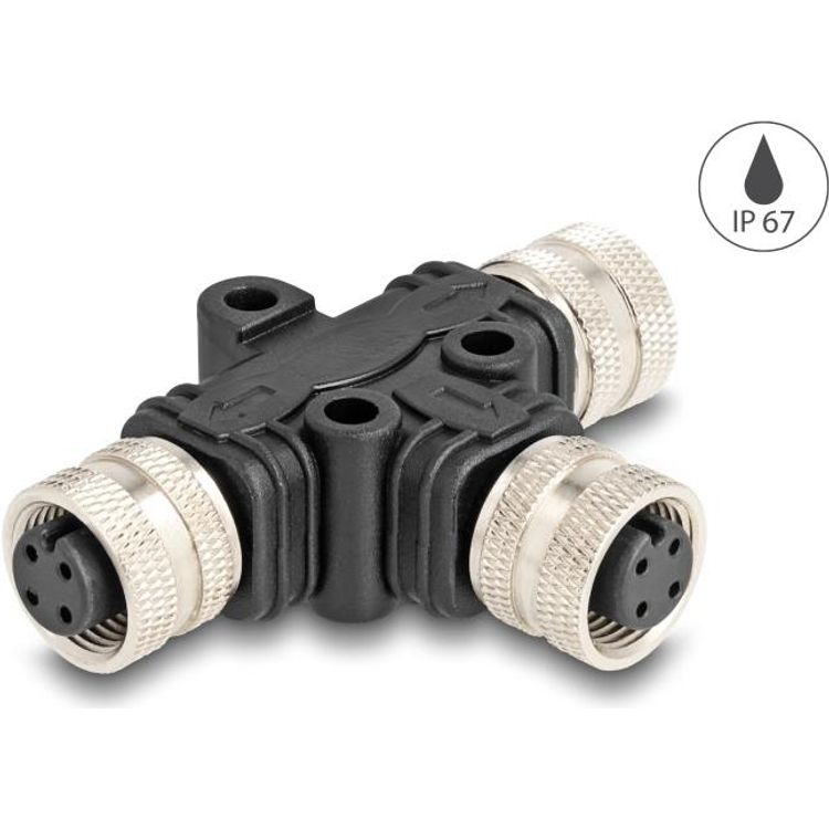 Tootefoto - Delock M12 T-Splitter A-kodiert 4 Pin Buchse zu 2 x Buchse Parallelschaltung (60579)