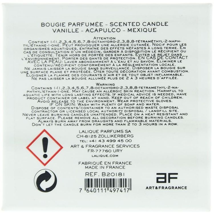 Tootefoto - Lalique, Vanille Acapulco Mexique, Vanilla, Scented Candle, 190 g Unisex