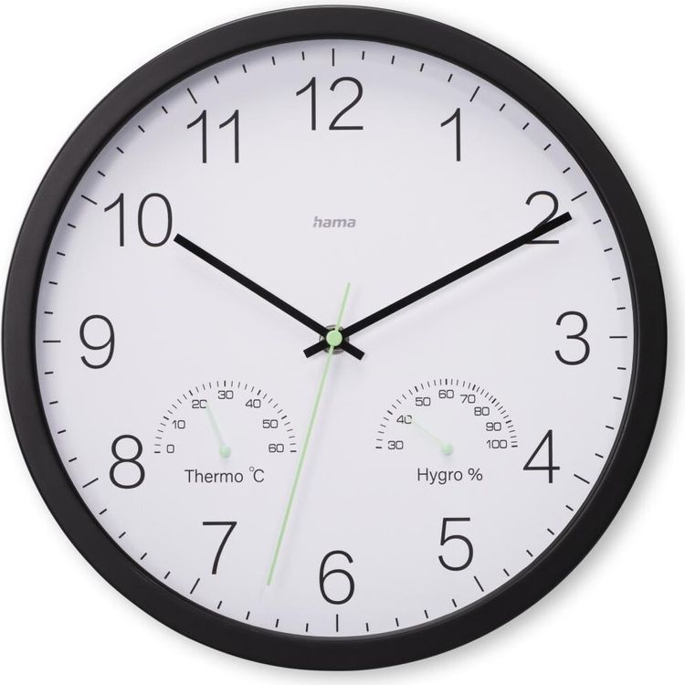 Tootefoto - Hama Wanduhr Santorini, ohne Ticken, m. Thermo- u. Hygrometer, 30cm, Schwarz (00185885)