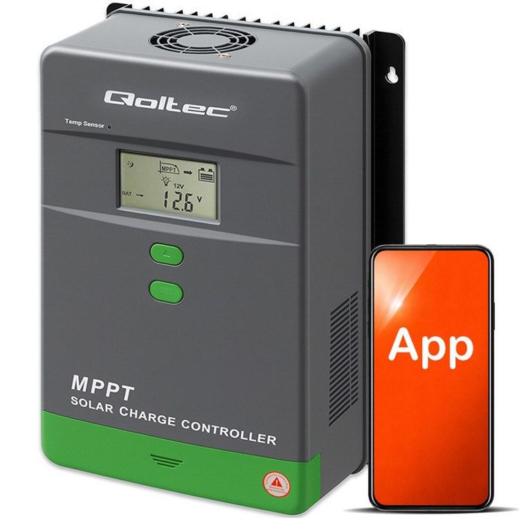 Tootefoto - Qoltec Solarny regulator adowania MPPT z czujnikiem temperatury 80A |12V / 24V / 36V / 48V | LCD | Bluetooth | APP | GEL | LiFePO4