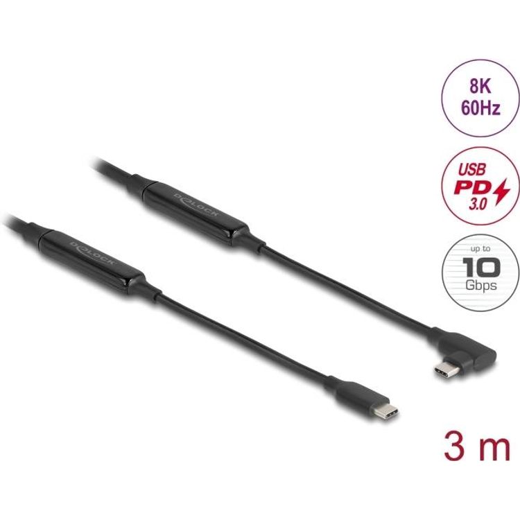 Tootefoto - Delock - USB-Kabel - 24 pin USB-C (M) zu 24 pin USB-C (M) links gewinkelt - USB 3,2 Gen 2 - 3 A - 3,0m - Schwarz (81195)