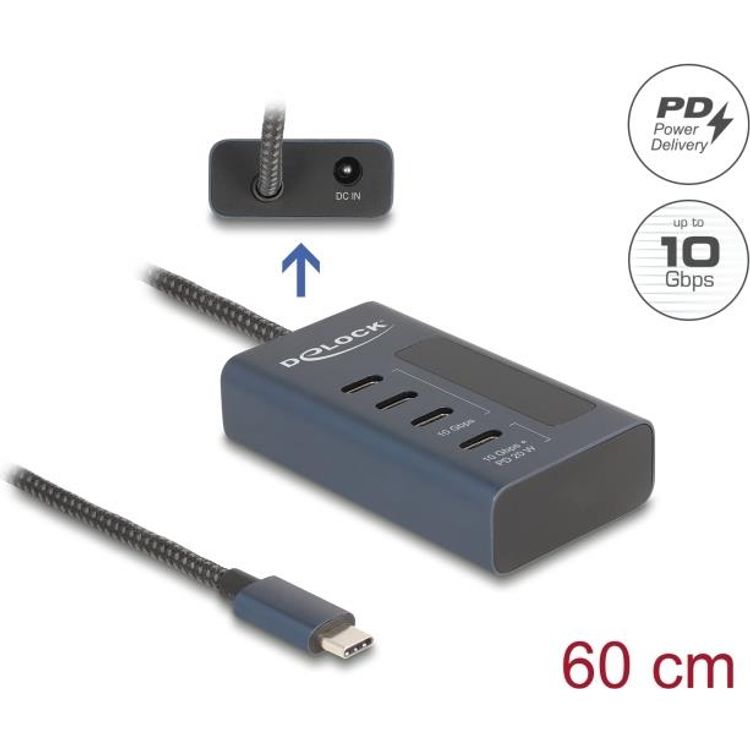 Tootefoto - Delock USB 10 Gbps Hub mit 4 Type-C Ports davon 3 x Datenport+ 1 Daten und PD 20 (64189)