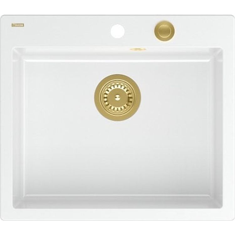 Tootefoto - GraniteQ MORGAN 110 valamu, lumivalge valamu, Push To Open sifooniga, kullav rvi, 1-kauss b/o + konksud 4 tk