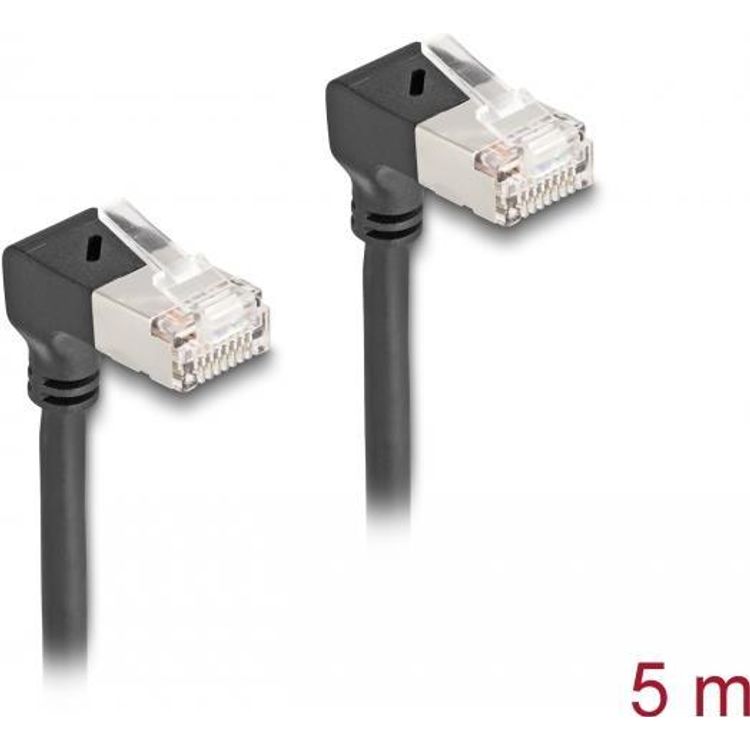 Tootefoto - Delock RJ45 Netzwerkkabel Cat.6A S/FTP Slim 90 oben / oben gewinkelt 5 m schwarz (80284)