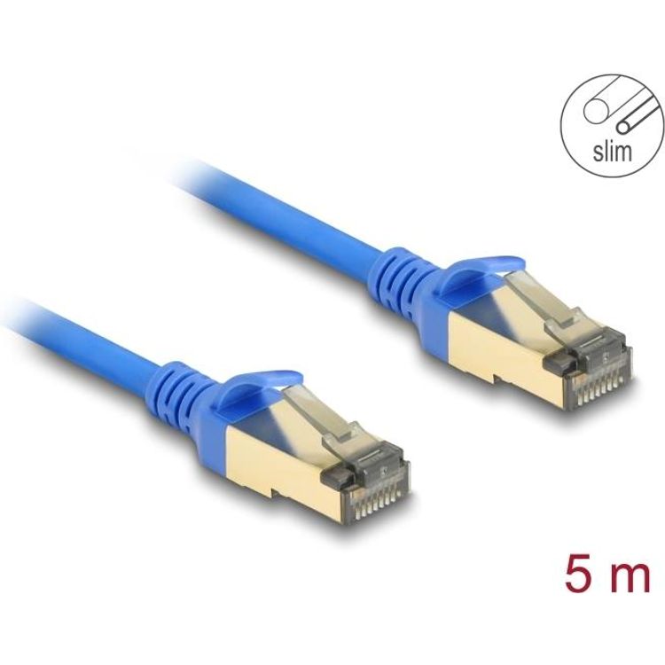 Tootefoto - Delock - Netzwerkkabel - RJ-45 (M) zu RJ-45 (M) - 5,0m - 4,9 mm - F/FTP - CAT 8,1 - halogenfrei, ohne Haken, schmal - Blau (80336)