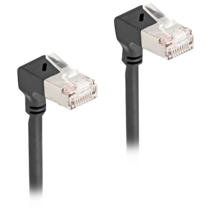 Tootefoto - Delock RJ45 Netzwerkkabel Cat.6A S/FTP Slim 90 unten / unten gewinkelt 5 m schwarz (80302)