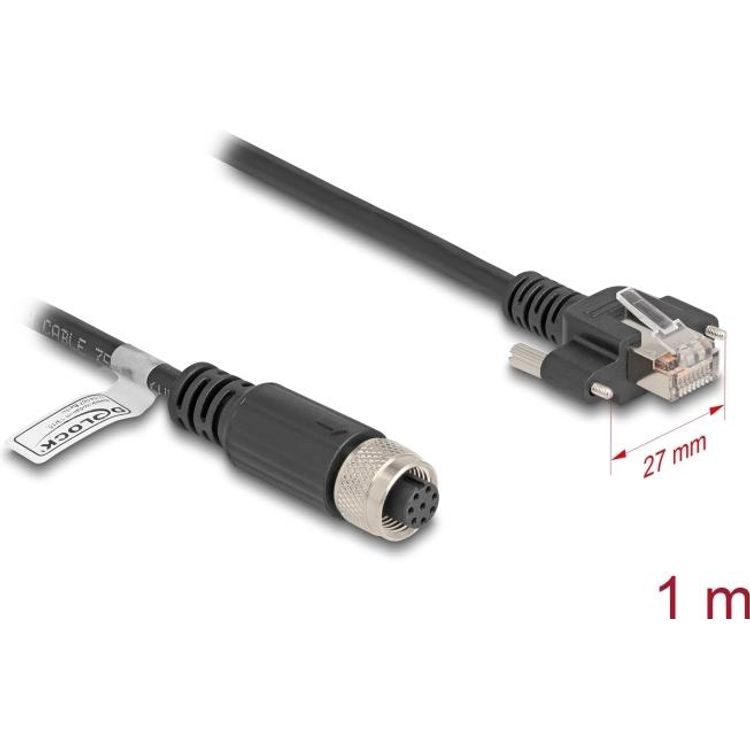 Tootefoto - Delock M12 Kabel A-kodiert 8 Pin Buchse zu RJ45 Stecker mit Schrauben Cat.5e FTP 1 m (80423)