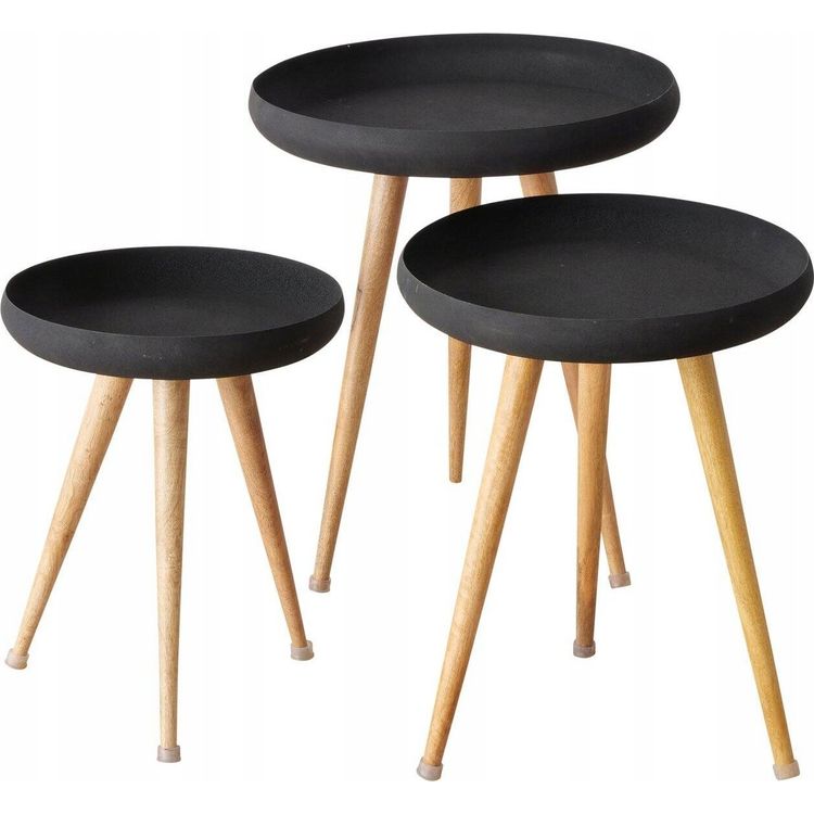 Tootefoto - Musta katte ja MASDOUR mangopuidust jalgadega diivanilauad Boltze Loft, 3 tk