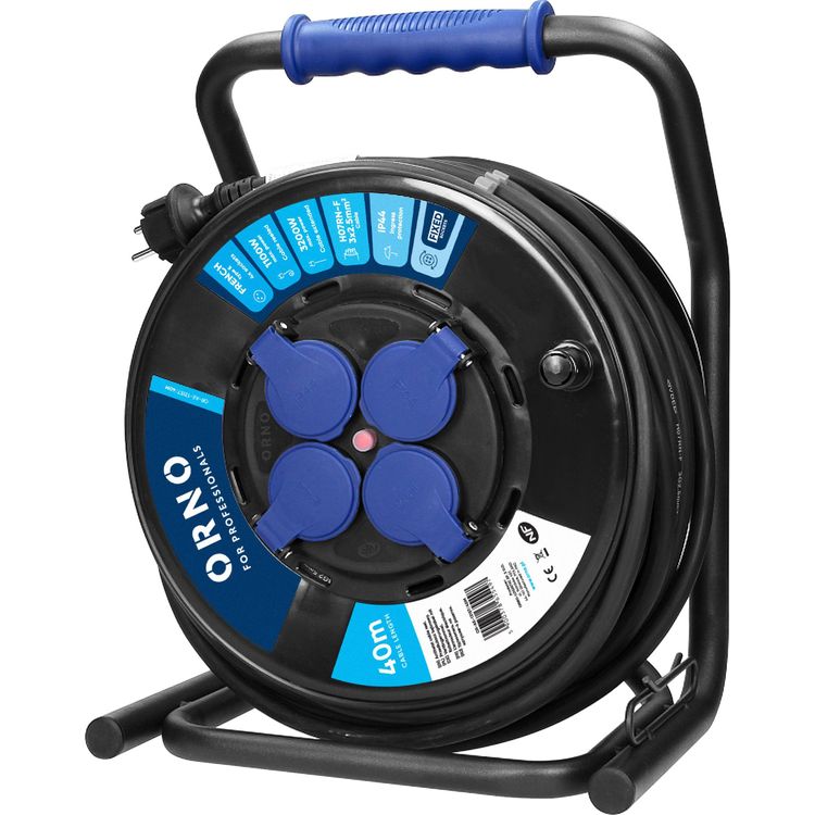 Tootefoto - Orno Professional IP44 rulliga pikenduskaabel, 4 tk 2P+Z (Schuko) pesa, likindel kummikaabel, H07RN-F 3x2,5mm?, pikkus 40m, ainulaadne CUBE alus, KINNITUSPISKAD, termokaitse, vool